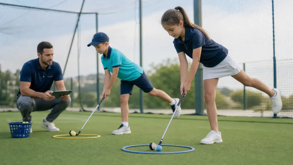Golfte denge: hazırlık, hareket ve ağırlık aktarımı Golf sopaları tutarak bir ayaklarını kaldıran iki çocuk ve tablet tutan bir yetişkin.