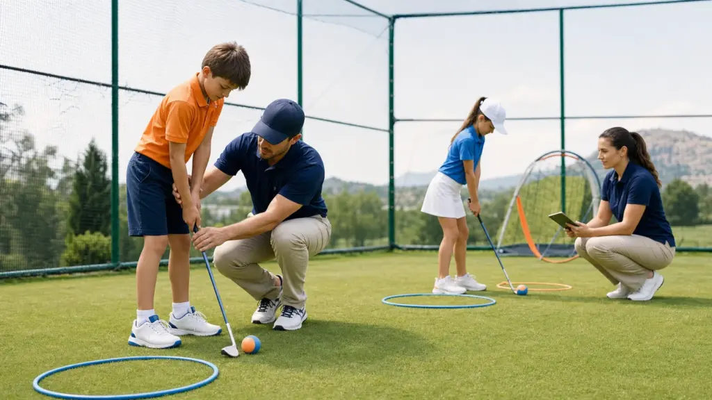 Golf sopaları ve toplarıyla duran iki çocuk; yanlarında çömelmiş, biri tablet tutan iki yetişkin.