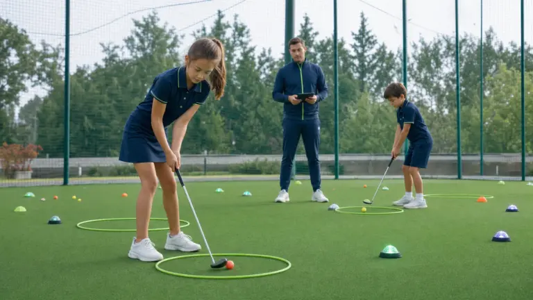 Golf alanında sopalar tutan iki çocuk ve tablet tutan bir yetişkin.