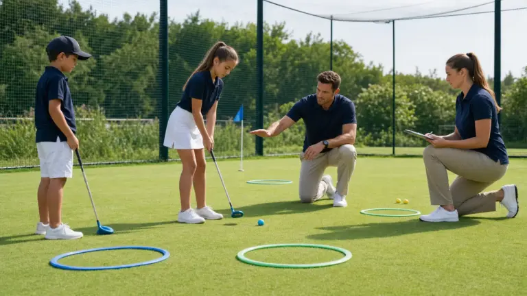Golf alanında sopalar tutan iki çocuk ve onlara eşlik eden iki yetişkin.