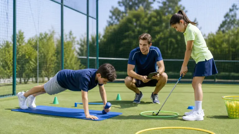 Mat üzerinde bir çocuk, golf sopası tutan bir çocuk ve tablet tutan bir yetişkin.