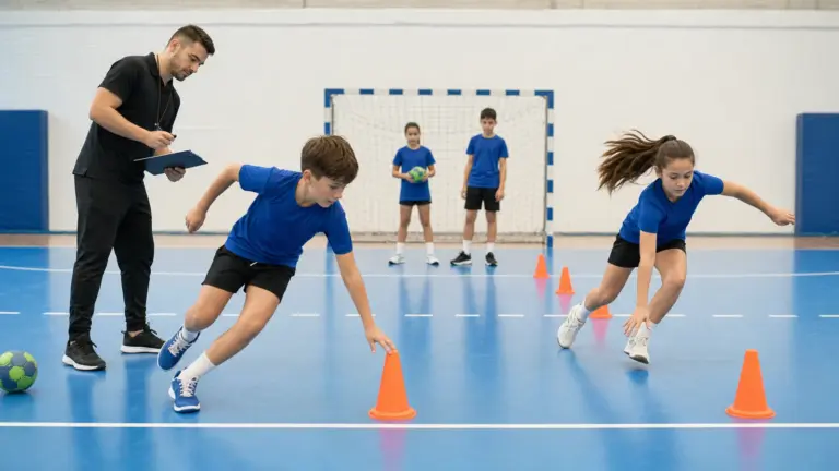 20 metre mekik koşusu protokolünün doğru ve güvenli uygulaması yapan çocuklar ve uygulamayı izleyen spor bilimci.
