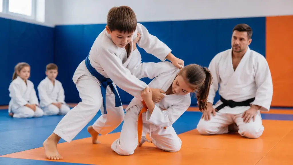 Judo Becerilerini Gözlemek: Kuşak ve Etiketlerin Ötesi Minderde biri diz çökmüş, diğeri öne eğilmiş iki çocuk ve yanlarında oturan kişiler