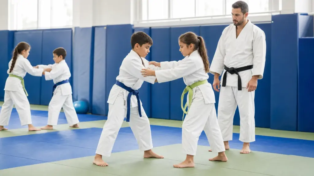 Judoya Başlangıç: 8–10 Yaş İçin Kulüp Seçimi Minderde karşılıklı durup kıyafetlerinden tutan çocuklar ve sağlarında beyaz kıyafetli bir yetişkin