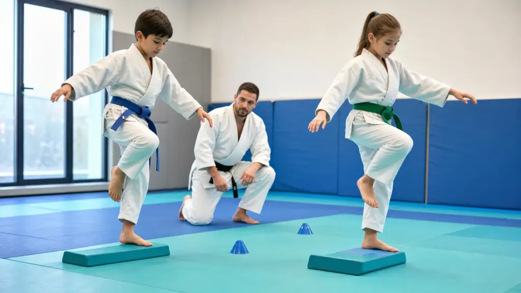 Judoda Denge Gözlemi: Ders, Test ve Sağlık Ayrımı Yumuşak bloklar üzerinde tek ayak duran iki çocuk ve aralarında diz çökmüş bir yetişkin