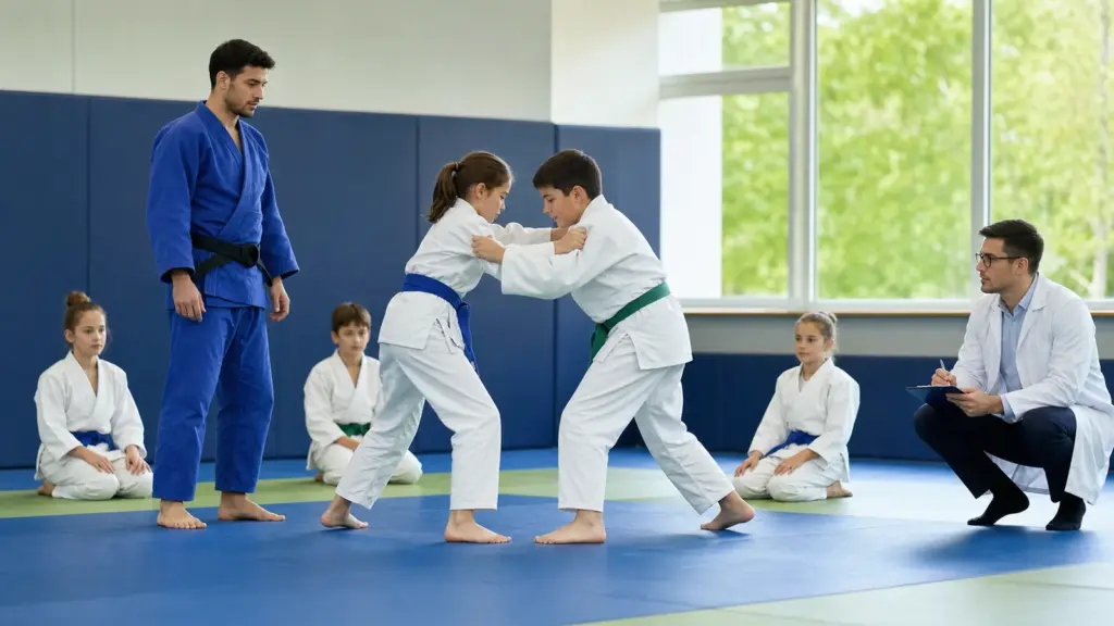 Judoda fair play: Ders kuralı ve resmî yeterlilik ayrımı Minderde karşılıklı duran iki çocuk; solda mavi kıyafetli yetişkin, sağda beyaz önlüklü not tutan kişi ve oturan çocuklar