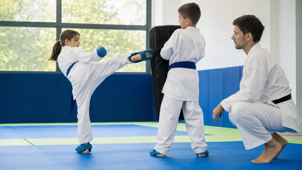 Karate Beceri Geri Bildirimi Nasıl Yorumlanır? Bir çocuğun tuttuğu siyah pede doğru bacağını kaldıran çocuk ve yanlarında çömelmiş yetişkin