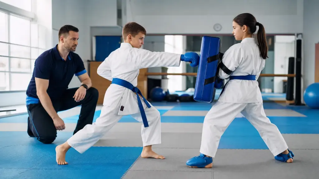 Karate kuvveti: Ek direnç çalışması ne zaman konuşulur? Bir çocuğun tuttuğu mavi pede eldivenli kolunu uzatan çocuk ve solda diz çökmüş yetişkin