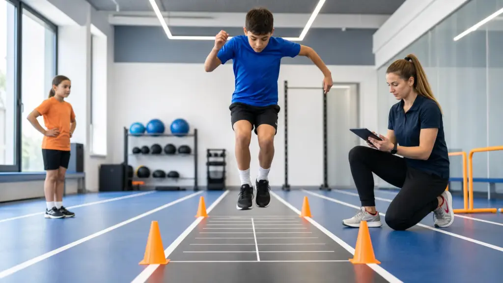 Koordinasyon Testi Nedir? Çocuklarda Uygulama ve Yorumlama Yana çift ayak sıçrama testi protokolünün doğru ve güvenli uygulaması yapan çocuklar ve uygulamayı izleyen spor bilimci.