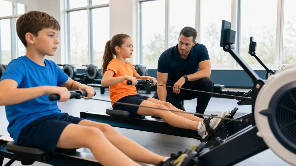 Çocuğun kürek merakı aile beklentisinden nasıl ayrılır? Salonda iki çocuk kürek ergometrelerinde; sağdaki çocuğun yanında çömelmiş yetişkin