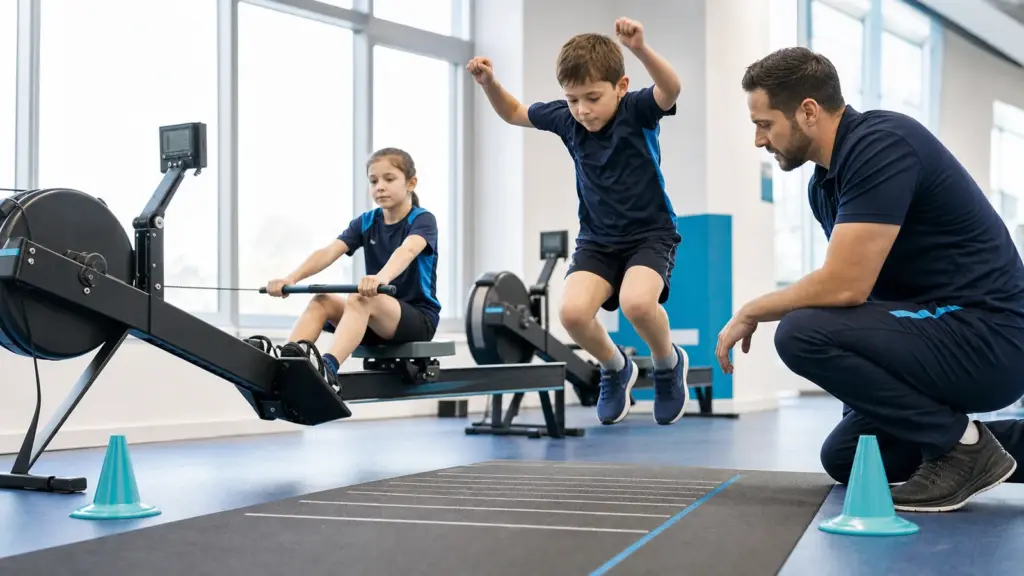 Çocuklarda Kuvvet Nasıl Geliştirilir? Bilimsel Rehber Durarak uzun atlama testi protokolünün doğru ve güvenli uygulaması yapan çocuklar ve uygulamayı izleyen spor bilimci.