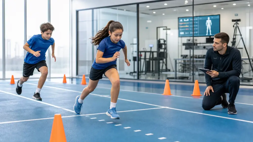 Okullarda Sportif Yetenek Taraması Nasıl Yapılır? 20 metre mekik koşusu protokolünün doğru ve güvenli uygulaması yapan çocuklar ve uygulamayı izleyen spor bilimci.