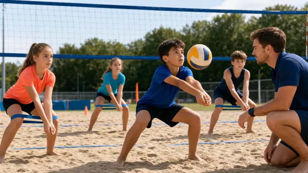 Plaj Voleybolunda Kuvveti Anlamak Kum sahada top, file ve bant kullanan kişiler.