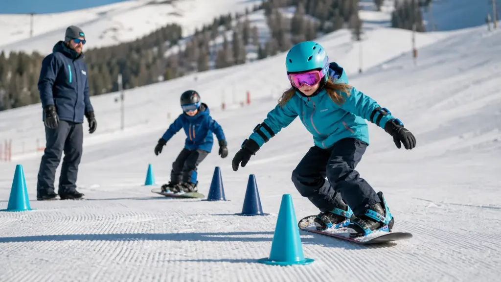 Karlı alanda koniler arasında snowboardlar üzerinde iki çocuk; solda ayakta yetişkin