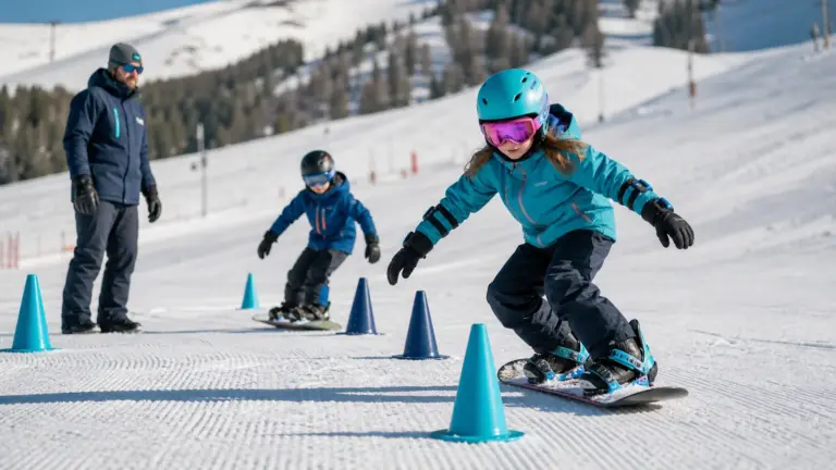 Karlı alanda koniler arasında snowboardlar üzerinde iki çocuk; solda ayakta yetişkin