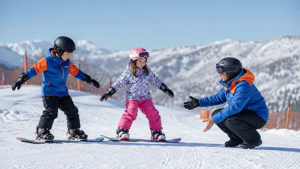 Snowboard kulübünde ilk görüşme: çocuğun sorusu nerede? Karlı alanda snowboardlar üzerinde kollarını açmış iki çocuk; sağda çömelmiş yetişkin