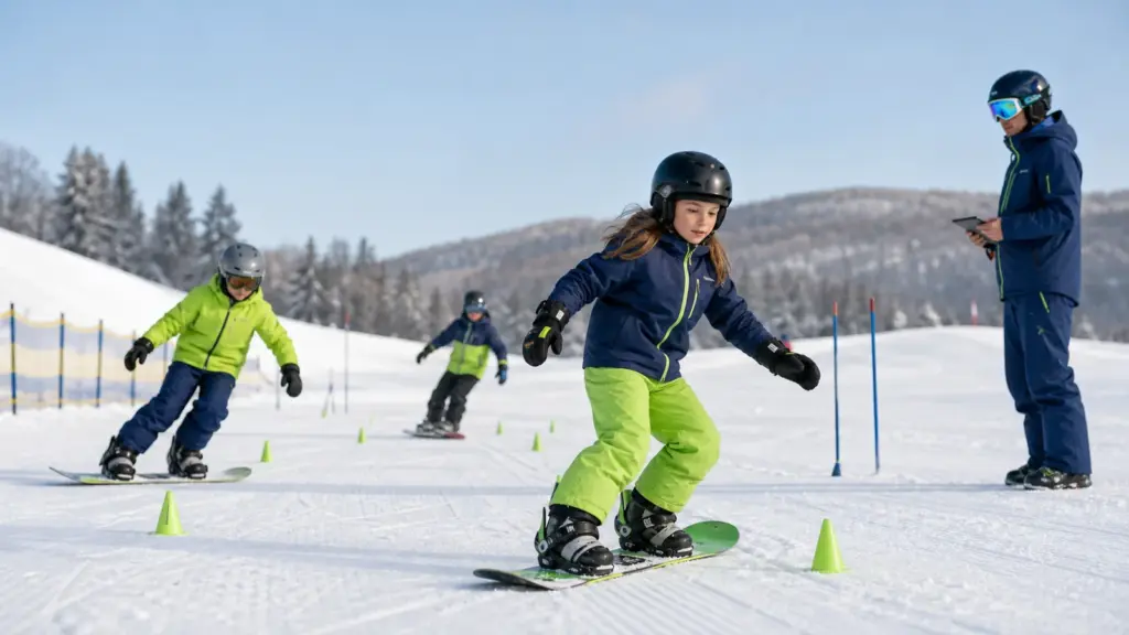 Karlı alanda koniler arasında snowboardlar üzerinde üç çocuk; sağda tabletli yetişkin