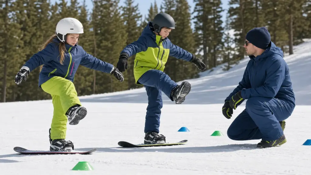 Snowboard için denge sözü: hangi anlam konuşuluyor? Karlı alanda snowboardlar üzerinde bir ayağını kaldırmış iki çocuk; sağda çömelmiş yetişkin ve çevrede koniler
