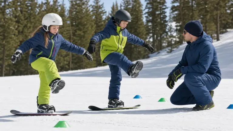 Karlı alanda snowboardlar üzerinde bir ayağını kaldırmış iki çocuk; sağda çömelmiş yetişkin ve çevrede koniler