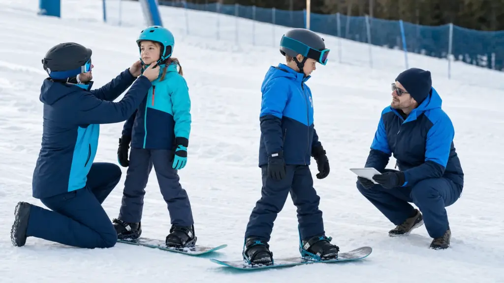 Snowboard Endişesini Çocuğun Kelimeleriyle Dinlemek Karlı alanda snowboardlar üzerinde iki çocuk; solda kask kayışına uzanan diz çökmüş yetişkin ve sağda tabletli çömelmiş yetişkin