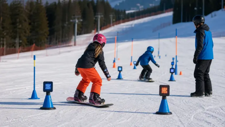 Karlı alanda renkli ışıklı koniler ve direkler arasında snowboardlar üzerinde iki çocuk; sağda ayakta yetişkin