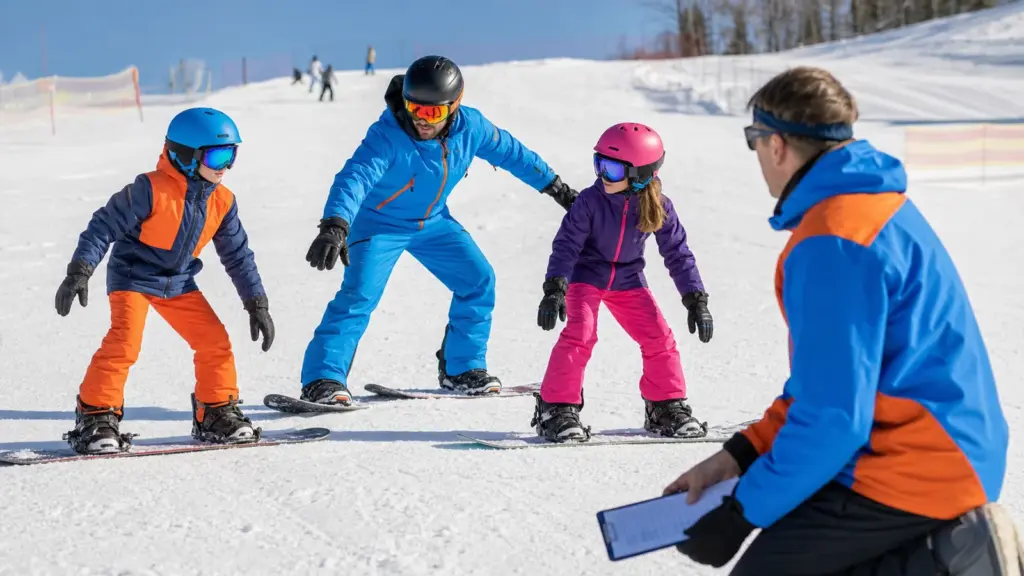 Snowboard Gününde Paylaşım, Eşya ve Mahremiyet Karlı alanda snowboardlar üzerinde iki çocuk ve kollarını açmış yetişkin; sağ ön planda tabletli yetişkin