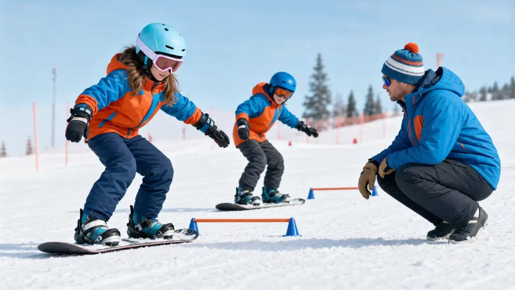 Snowboardda Kuvvet Sözü ve Yetişkin Sorumlulukları Karlı alanda alçak turuncu çubukların yanında snowboardlar üzerinde dizleri bükülü iki çocuk; sağda çömelmiş yetişkin