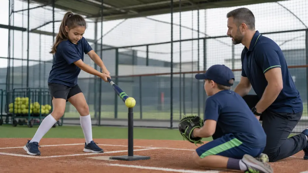 Çocuğun Seçtiği Softbol Öyküsünü Kendi Başlığıyla Dinlemek Sopalı çocuk önünde top sehpası; sağda eldivenli oturan çocuk ve diz çökmüş yetişkin, solda top arabası