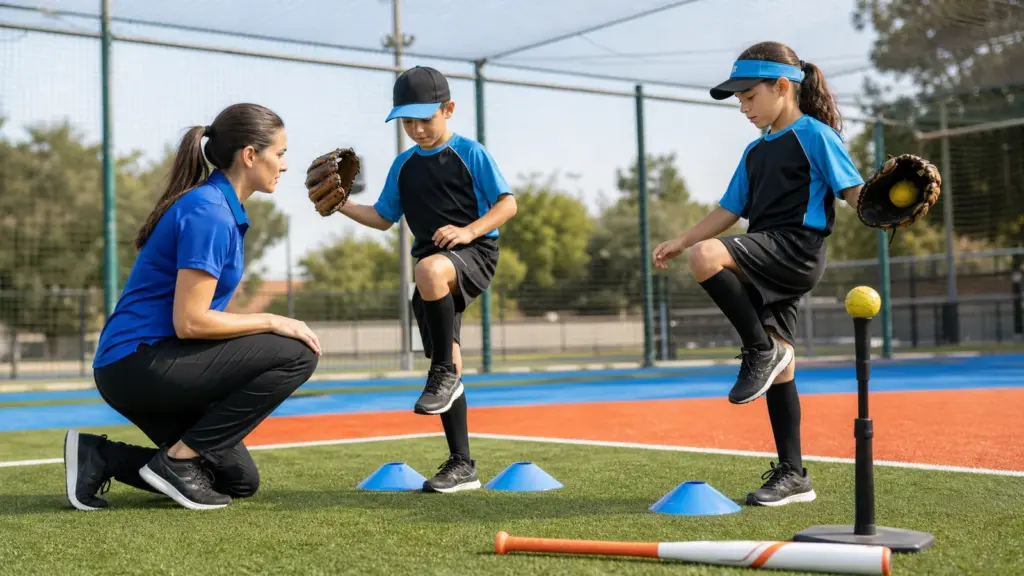 Softbolda Görülen Ayrıntıyı Yetişkin Yorumundan Ayırmak Birer ayağını kaldırmış iki eldivenli çocuk yanında çömelmiş yetişkin; koniler, top sehpası ve yerde sopa