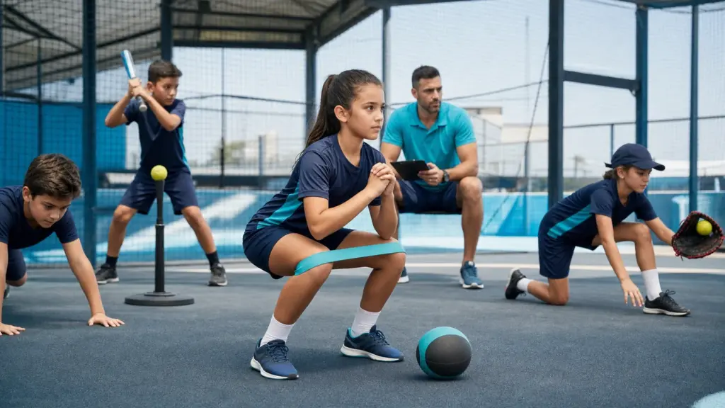 Softbolda Kuvvet Sözü ve Yetişkinlerin Rolleri Ortada dizlerinin çevresinde bant olan çocuk; solda elleri yerde çocuk, arkada sopalı çocuk, sağda eldivenli çocuk ve ekran tutan yetişkin