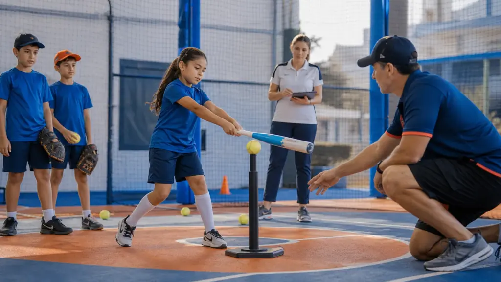 Softbol Dersindeki Kelimeleri Aile Sohbetinde Açmak Fileli alanda sopalı çocuk önünde sarı toplu sehpa; iki eldivenli çocuk, ekran tutan yetişkin ve sağda çömelmiş yetişkin