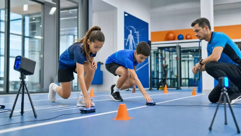 Reaksiyon süresi ölçümü protokolünün doğru ve güvenli uygulaması yapan çocuklar ve uygulamayı izleyen spor bilimci.