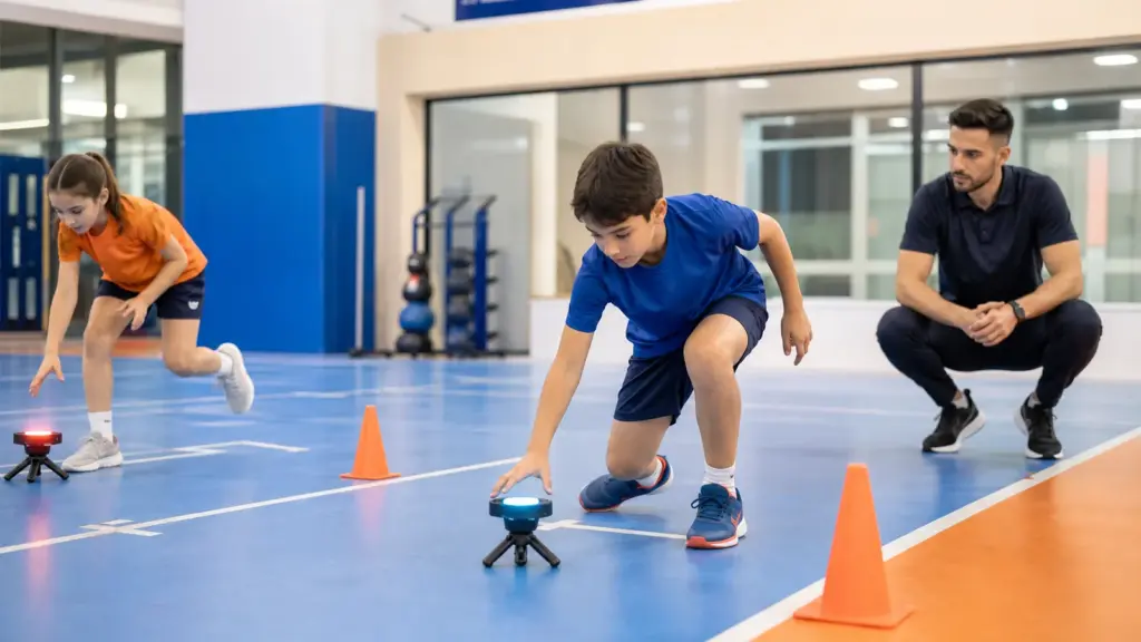Spor yetenek taraması: sonuçlar nasıl okunmalı? Reaksiyon süresi ölçümü protokolünün doğru ve güvenli uygulaması yapan çocuklar ve uygulamayı izleyen spor bilimci.