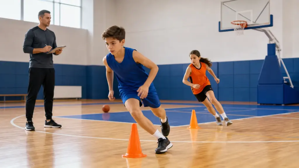 Sporcu Değerlendirmesinde Tek Test Neden Yeterli Değildir? 20 metre mekik koşusu protokolünün doğru ve güvenli uygulaması yapan çocuklar ve uygulamayı izleyen spor bilimci.
