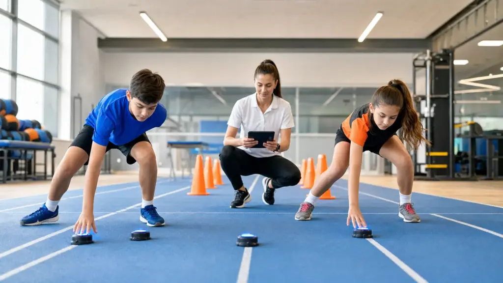 Sporcu performans testi: sonuçları okuma rehberi Salonda ışıklı yer cihazlarına uzanan iki çocuk ve arkalarında tablet tutan bir yetişkin
