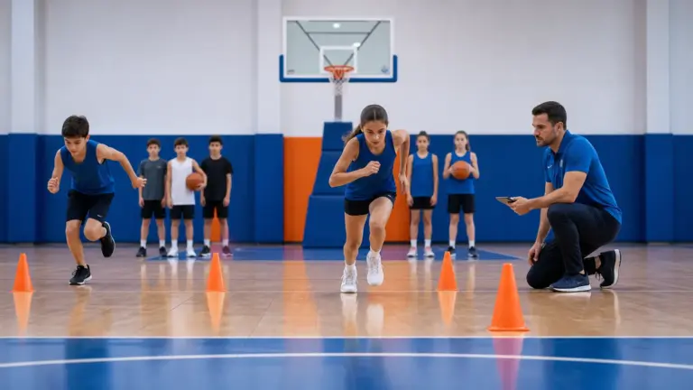 20 metre sürat testi protokolünün doğru ve güvenli uygulaması yapan çocuklar ve uygulamayı izleyen spor bilimci.