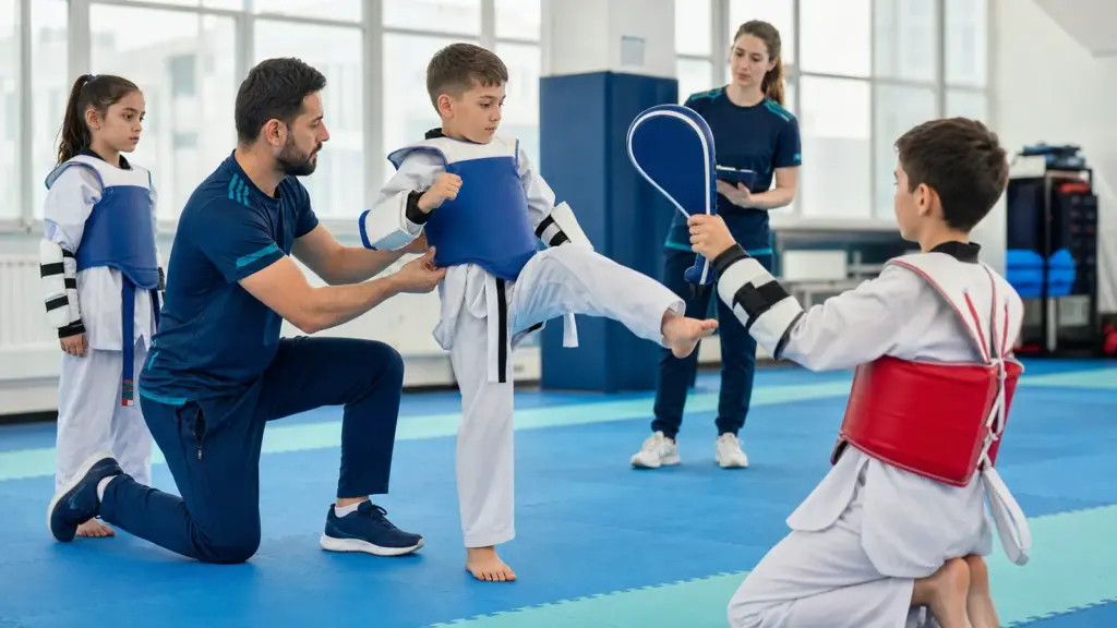 Tekvandoda yardım isteme: çocuk ve aile iletişimi Minderde bacağını kaldırmış çocuk, gövde koruyucusuna temas eden diz çökmüş yetişkin, sağda ped tutan çocuk ve arkada not tutan kişi