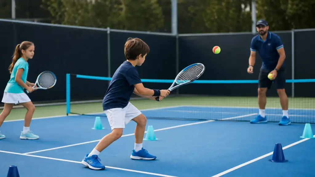 Teniste gelişim notu: gözlemi ve yorumu ayrı tutmak Açık tenis kortunda önde raketli çocuk, solda ikinci raketli çocuk ve sağda elinde top tutan yetişkin; aralarında koniler ve alçak file
