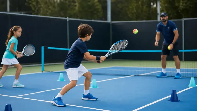 Açık tenis kortunda önde raketli çocuk, solda ikinci raketli çocuk ve sağda elinde top tutan yetişkin; aralarında koniler ve alçak file