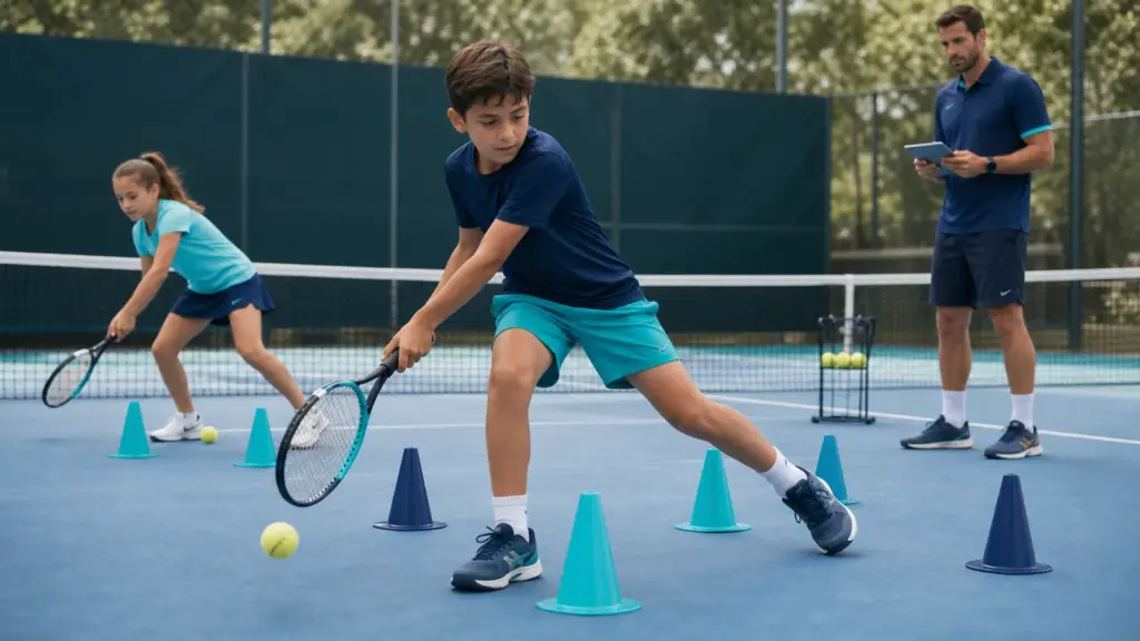 Teniste çeviklik: 8–10 yaşta yön değiştirme rehberi Tenis kortunda koniler arasında raketle topa yönelen iki çocuk ve sağda tablet tutan yetişkin