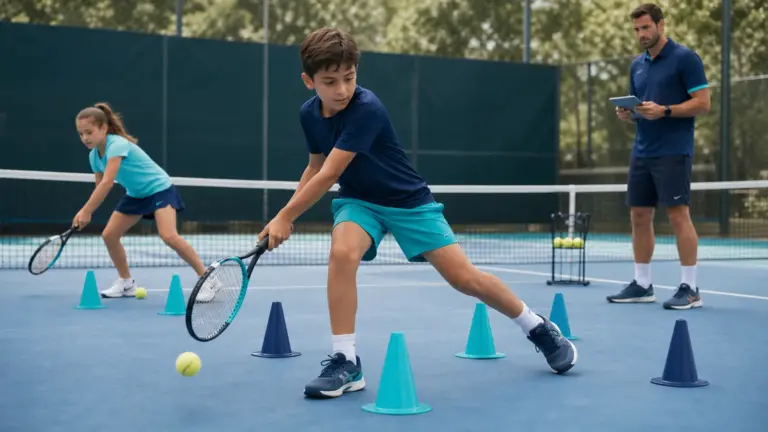 Tenis kortunda koniler arasında raketle topa yönelen iki çocuk ve sağda tablet tutan yetişkin