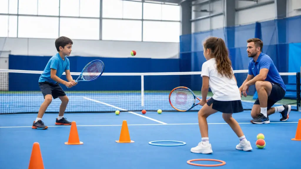 Tenise ilk adım: çocuklar için kurs ve ekipman görüşmesi Kapalı tenis kortunda file yanında raket tutan iki çocuk ve sağda diz çöken yetişkin; zeminde koniler, halkalar ve toplar