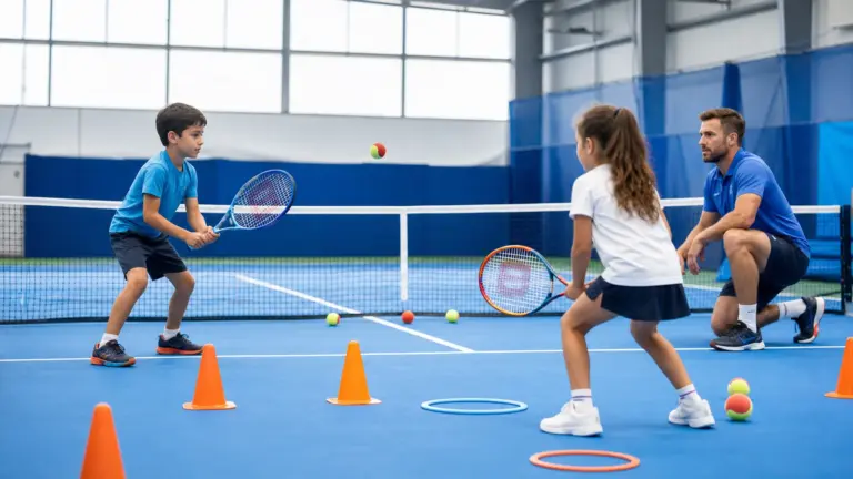 Kapalı tenis kortunda file yanında raket tutan iki çocuk ve sağda diz çöken yetişkin; zeminde koniler, halkalar ve toplar