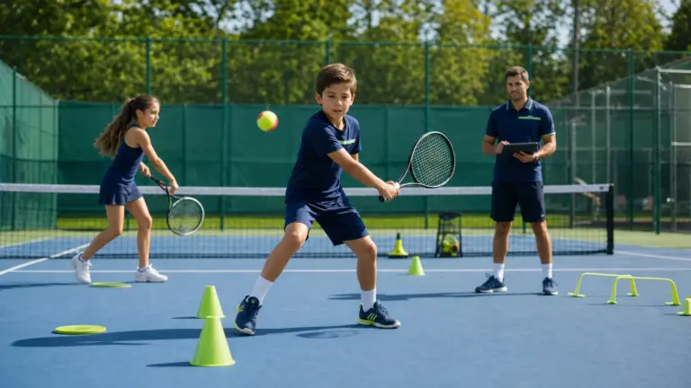 Açık tenis kortunda raket tutan iki çocuk, sağda tablet tutan yetişkin; zeminde koniler, halkalar ve alçak engeller