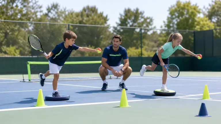 Açık tenis kortunda yuvarlak denge yüzeylerine birer ayakla basan, ellerinde top ve raket tutan iki çocuk ile ortada diz çöken yetişkin