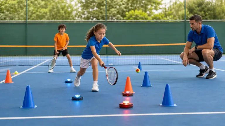 Açık tenis kortunda raketle topa yönelen çocuk, arkada raketli ikinci çocuk ve sağda diz çöken yetişkin; zeminde koniler ve ışıklı işaretler
