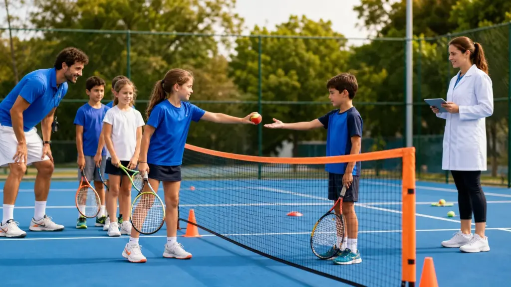 Çocuklar için tenis kuralları: Puan, sıra ve fair play Alçak tenis filesinin iki yanında duran çocuklar arasında top verme sahnesi; solda spor kıyafetli, sağda beyaz üstlü tablet tutan yetişkin
