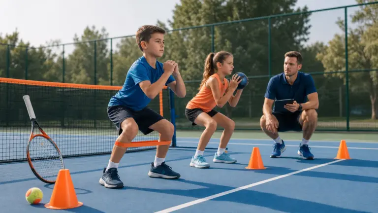 Tenis kortunda çömelmiş iki çocuk, öndeki çocuğun diz çevresinde bant, arkadakinin elinde top ve sağda tablet tutan yetişkin