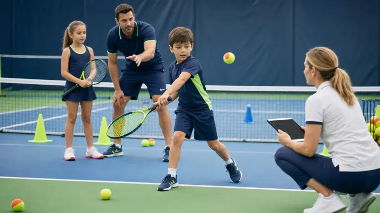 Tenis kortunda iki eliyle raket tutan çocuk, yanında gösterim yapan yetişkin, solda raketli ikinci çocuk ve sağda tablet tutan yetişkin