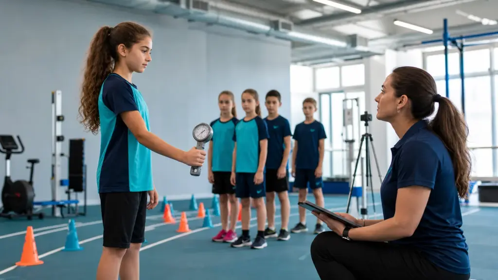 Sportif tarama daveti: okul ve kulübe sorulacaklar El kavrama cihazı tutan bir çocuk ve yanında tablet tutan bir yetişkin; arkada bekleyen çocuklar